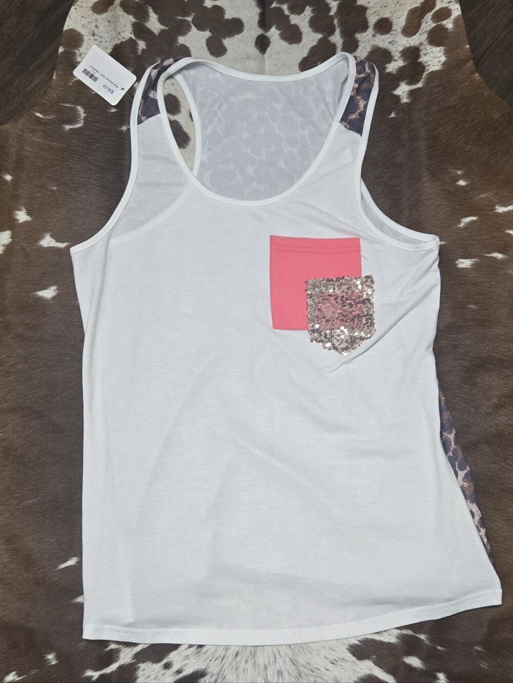 White Tank with Hot Pink Pocket and Rose Gold Sequin Accent